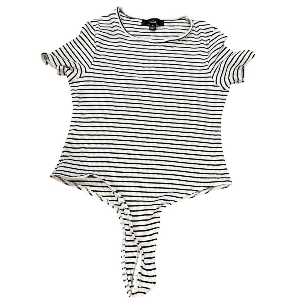 Lulus Striped Ribbed Short Sleeve‎ Bodysuit Black White Crew Neck Medium